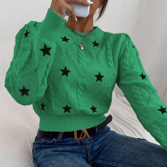 . Sweaters - Green Preppy Womens Star print Sweater